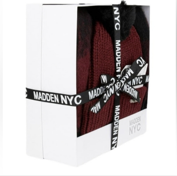 NEW Steve Madden Black and Burgundy Ladies Pom Pom Hat & Plaid Tassel Scarf … - Picture 2 of 4